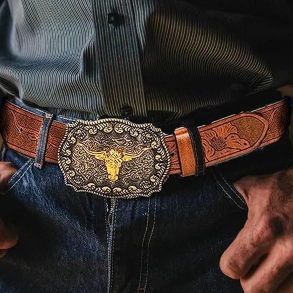 Rodeo cowboy belt metal buckle western jean belt